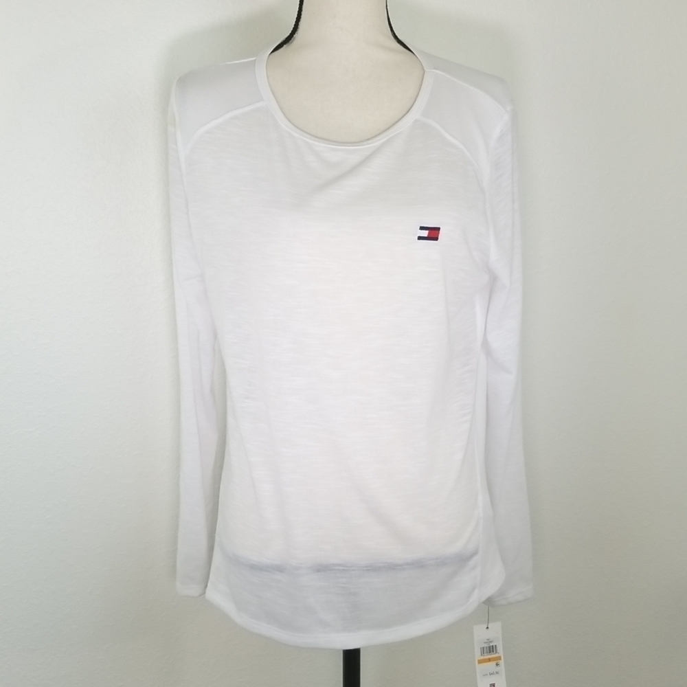 *NWT* TOMMY HILFIGER White Sport Long-Sleeve Top w/Embroidered Logo, size S